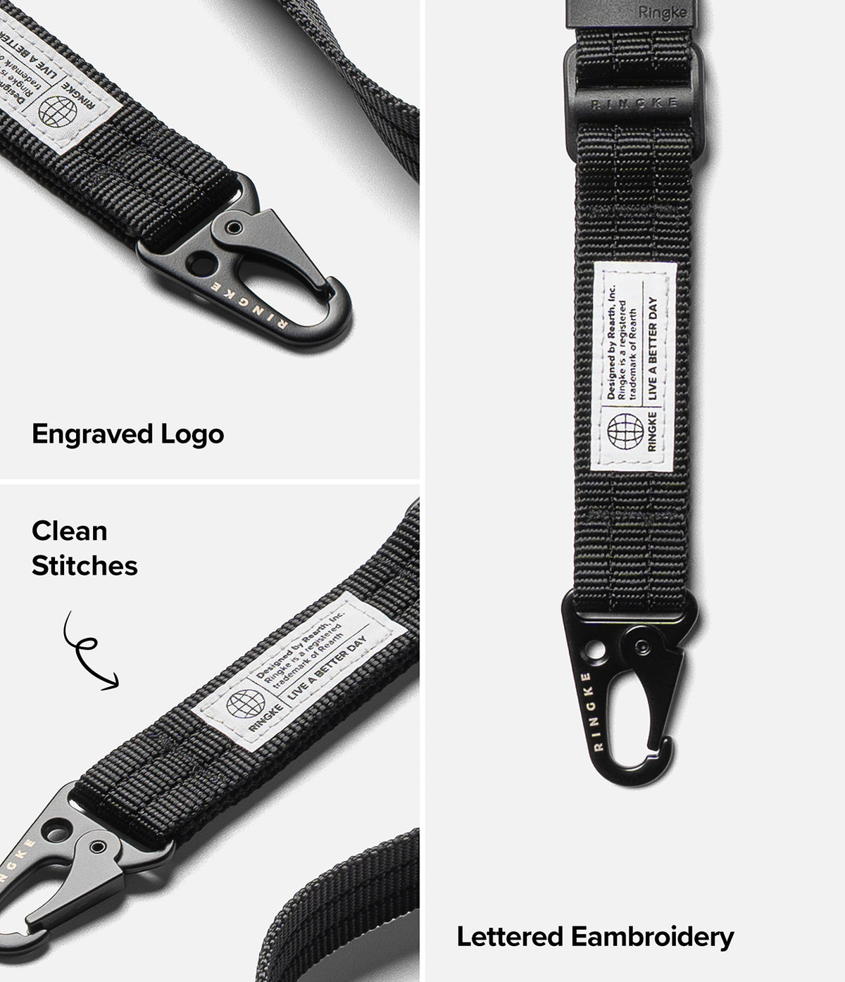 Holder Link Tactical Webbing Lanyard Strap - A black webbed strap with a black metal carabiner and a white embroidered label. The image is a multi-panel feature showcase showing close-ups of the engraved logo, clean stitches, and lettered embroidery, with text labels on a light gray background.