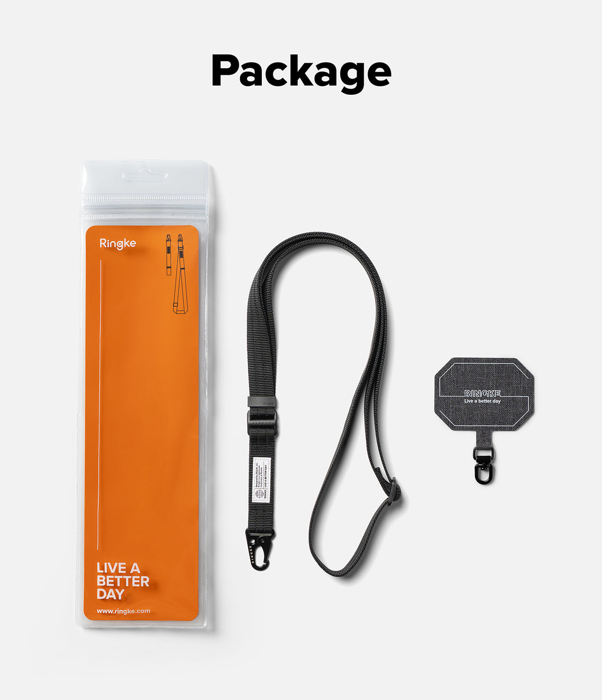 Holder Link Tactical Webbing Lanyard Strap - Ringke package contents on a light gray background with the word 'Package' at the top. The set includes an orange branded sleeve, a black wrist strap, and a black tag.