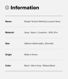Holder Link Tactical Webbing Lanyard Strap - A light gray information card with black text listing product details for a Ringke Tactical Webbing Lanyard Strap, including material, size, origin, and color.