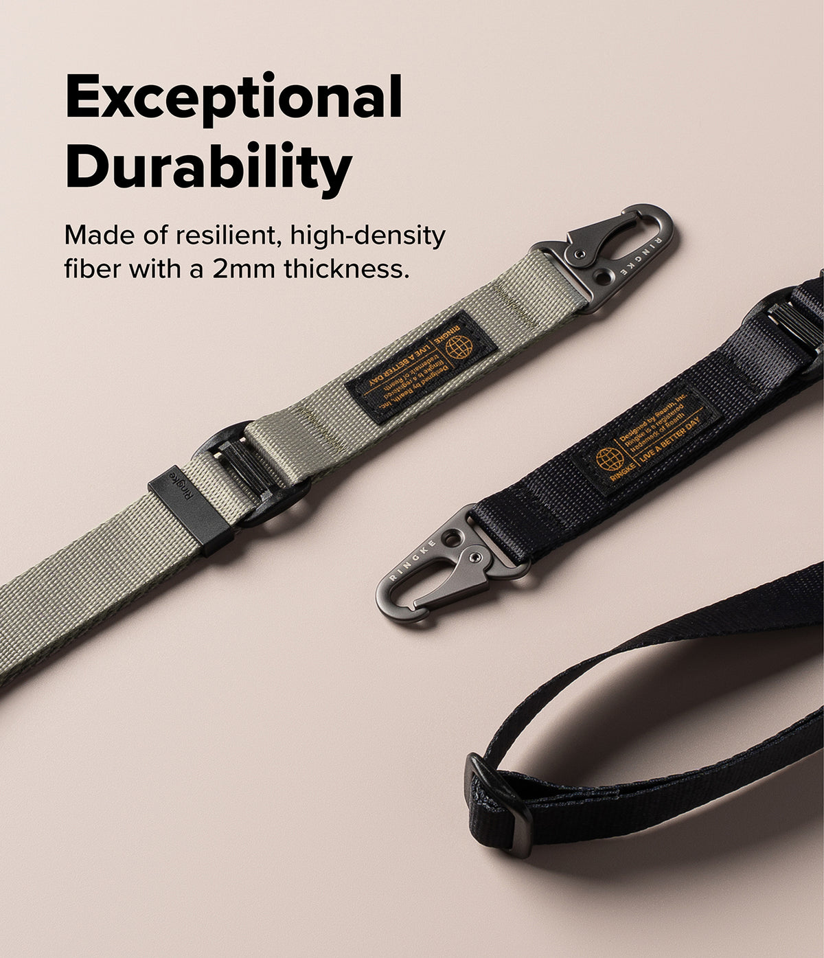 Holder Link Tactical Webbing Lanyard Strap - Two industrial webbing straps with heavy-duty carabiners and metal buckles, displayed diagonally on a warm beige background with promotional text highlighting their exceptional durability.