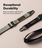 Holder Link Tactical Webbing Lanyard Strap - Two industrial webbing straps with heavy-duty carabiners and metal buckles, displayed diagonally on a warm beige background with promotional text highlighting their exceptional durability.