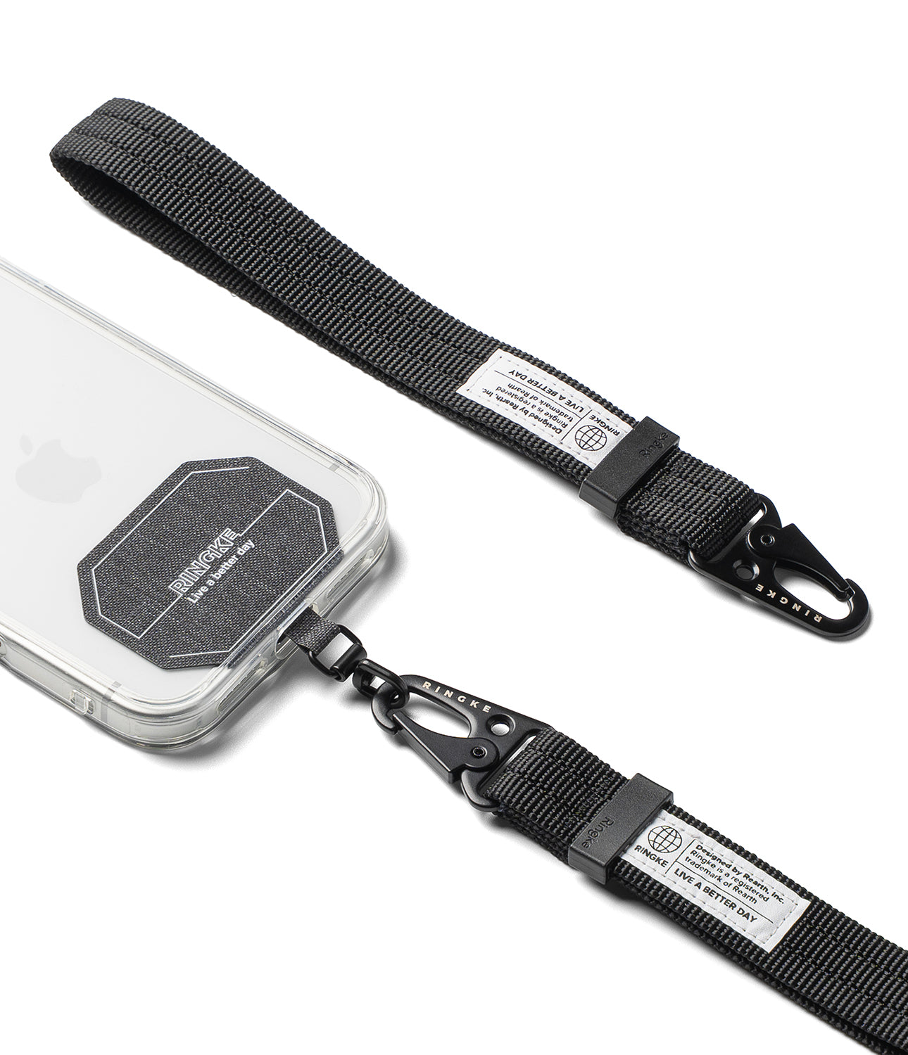 Holder Link Tactical Webbing Hand Strap - A black nylon phone strap with a metal swivel clasp and adjustable slider, shown attached to a clear phone case on a white background.