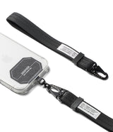 Holder Link Tactical Webbing Hand Strap - A black nylon phone strap with a metal swivel clasp and adjustable slider, shown attached to a clear phone case on a white background.