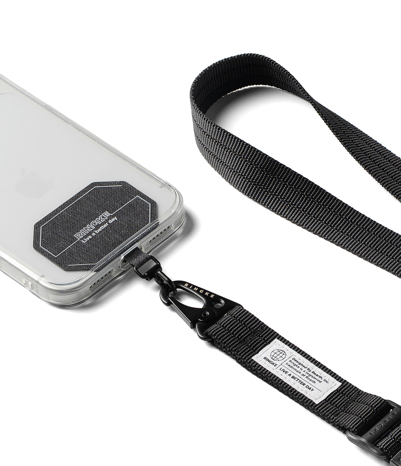 Holder Link Tactical Webbing Lanyard Strap - A black nylon phone lanyard strap with a metal carabiner clip attached to a clear smartphone case, shown on a clean white background.
