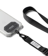 Holder Link Tactical Webbing Lanyard Strap - A black nylon phone lanyard strap with a metal carabiner clip attached to a clear smartphone case, shown on a clean white background.