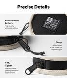 Mini Pouch | Tambourine Bag - Close-up details of embroidered logo, zipper pull strap, and durable YKK zipper on a pouch.