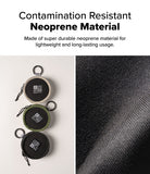 Mini Pouch | Tambourine Bag - Three circular neoprene pouches in beige, olive, and black with a close-up of the textured fabric.