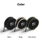 Mini Pouch | Tambourine Bag - Three round zippered pouches in black, beige, and olive green with branded labels on white background.