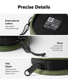 Mini Pouch | Tambourine Bag - Close-up of embroidered logo, zipper pull strap, and durable YKK zipper on a green pouch.