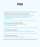 Ringke USB 3.2 Gen 2x2 USB-C Charging Cable - FAQ list regarding device compatibility, data transfer, and feature support.