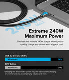 Ringke USB 3.2 Gen 2x2 USB-C Charging Cable - Braided cable plugged into a laptop showing 240W charging speed comparison.