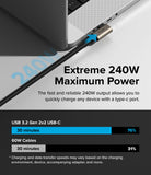 Ringke 90 Degree Cable USB 3.2 Gen 2x2 USB-C - A 90-degree USB-C cable charging a laptop with 240W power comparison chart.