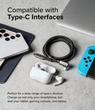 Ringke 90 Degree Cable USB 3.2 Gen 2x2 USB-C - Coiled black braided cable with USB-C connectors near phone, earbuds, and console.