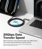 Ringke 90 Degree Cable USB 3.2 Gen 2x2 USB-C - Braided USB-C cable connecting a tablet to a laptop, highlighting 20Gbps speed.