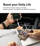 Adapter Lightning to C OTG (2P) - Hands connecting a Lightning to USB-C adapter to a smartphone in a car and on a laptop.