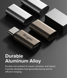 Adapter Lightning to C OTG (2P) - Metallic Ringke USB-C adapters arranged on a dark surface with text highlighting aluminum alloy.