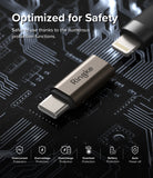 Adapter Lightning to C OTG (2P) - Ringke USB-C to Lightning adapter on a circuit board background with safety icons.