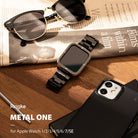 Apple Watch 49·46·45·44·42 mm | Metal One Band - Black metal watch band on Apple Watch, sunglasses, and phone on a newspaper.