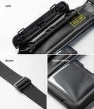 Waterproof Pouch Case | Sling Bag - Close-ups of the locking mechanism, adjustable strap buckle, and hidden pocket.