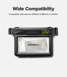 Banana / Navy Stripes Floating Strap & Waterproof Sling Bag | Black waterproof bag with a clear front window displaying a device, on a white background.