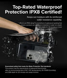 Navy Stripes / Black Floating Strap & Waterproof Sling Bag | Phone case with water resistance feature, showing a hand holding a phone underwater.