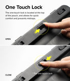 Waterproof Pouch Case | Sling Bag - A finger sliding the one-touch lock mechanism on a waterproof pouch between open and closed.