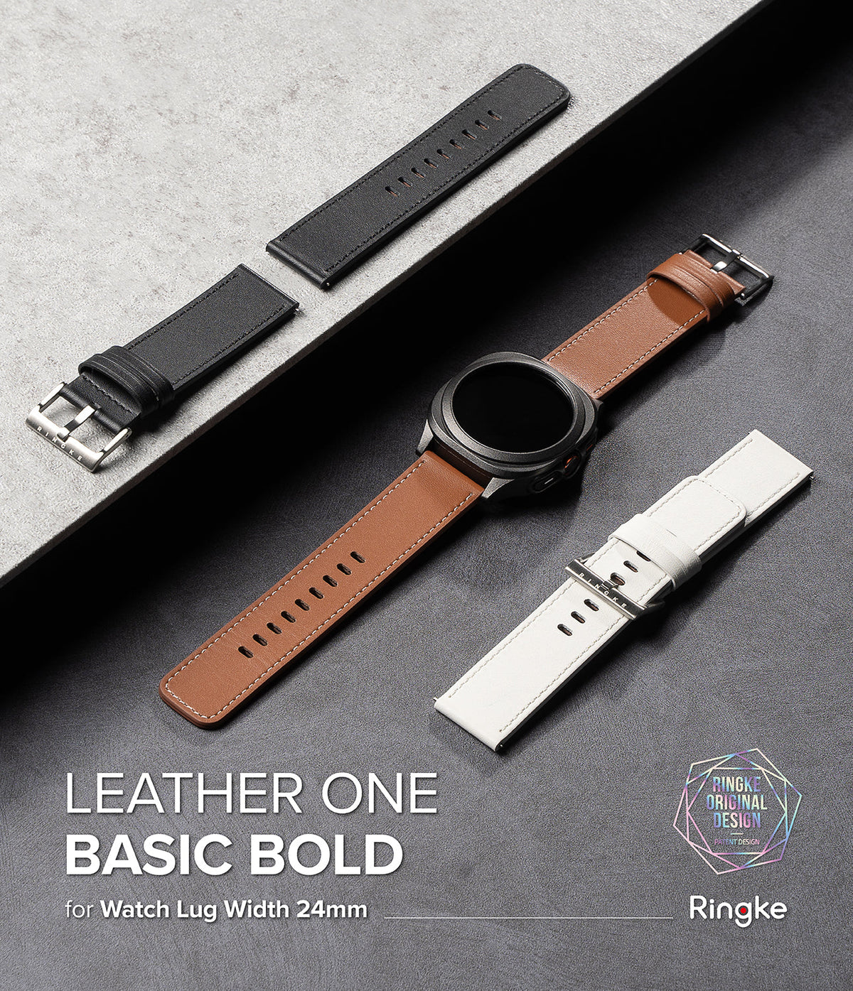 Watch Lug 24mm | Leather One Basic Bold - Smartwatch with brown leather strap, plus separate black and white straps.
