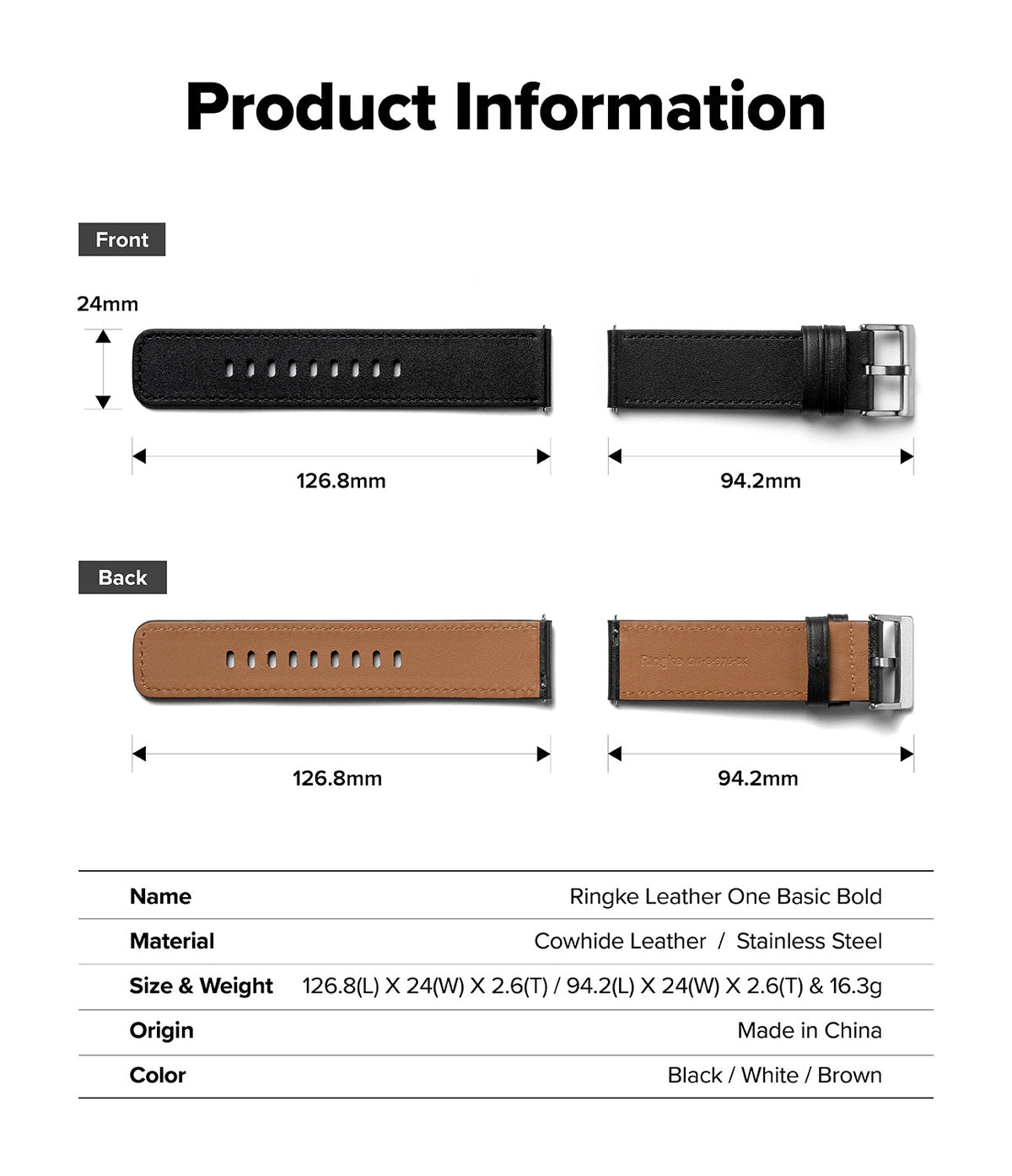 Watch Lug 24mm | Leather One Basic Bold - Technical diagram showing dimensions and specifications of a black leather watch strap.