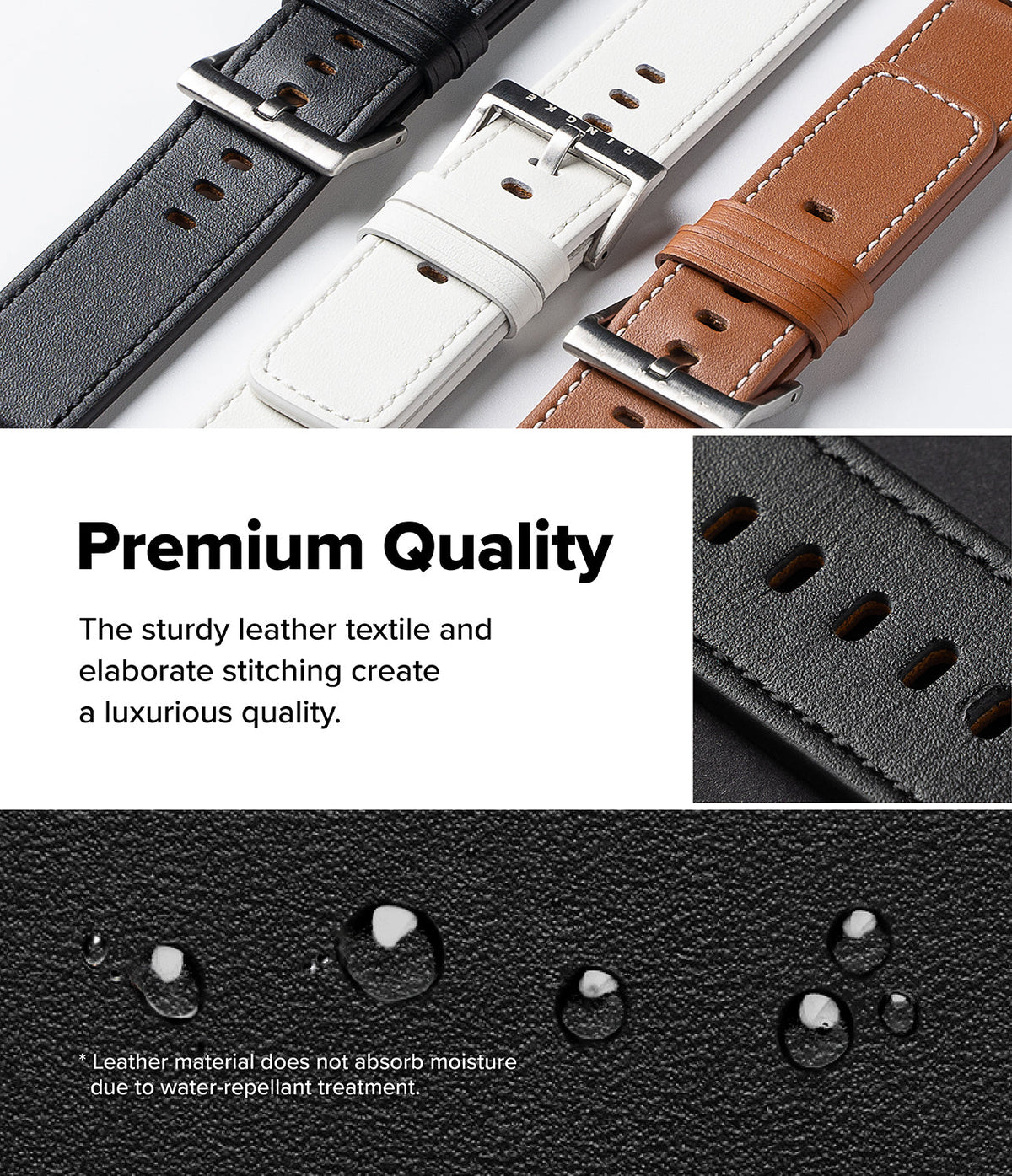 Watch Lug 24mm | Leather One Basic Bold - Black, white, and brown leather watch straps with water-repellent texture.