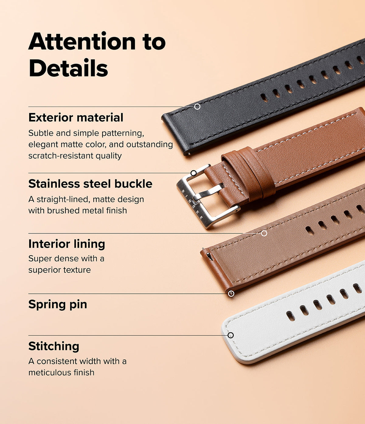 Watch Lug 24mm | Leather One Basic Bold - Infographic showing leather watch strap features with labels and lines.