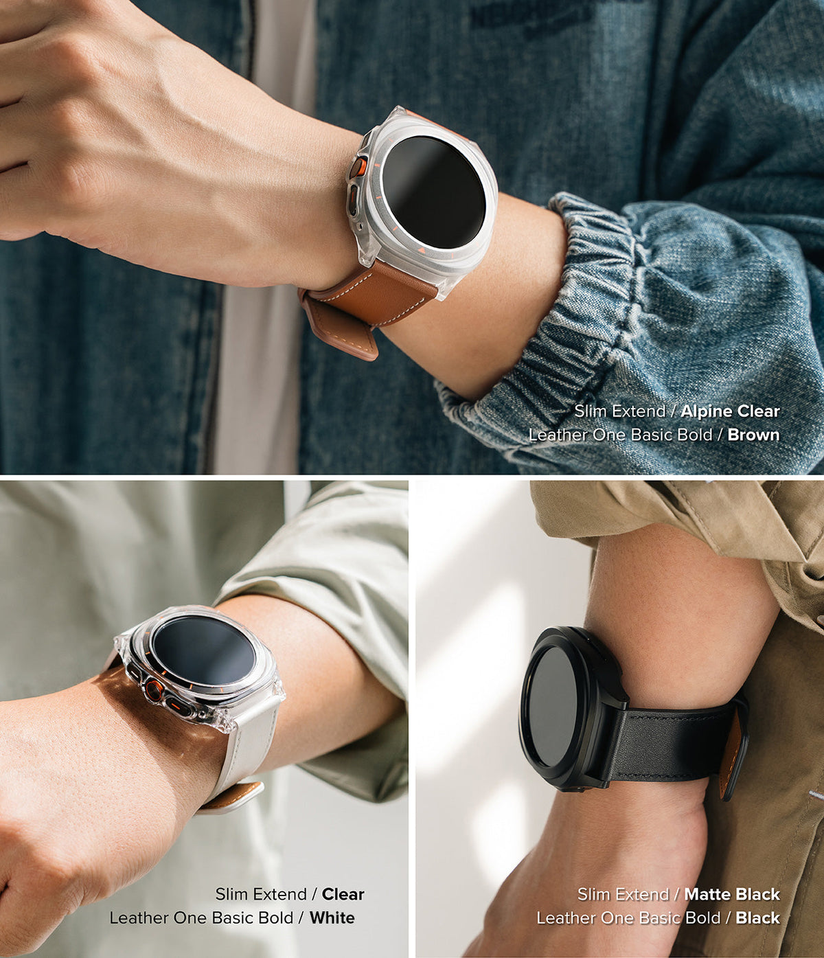 Watch Lug 24mm | Leather One Basic Bold - Three wrist shots showing clear and black watch cases with leather straps.