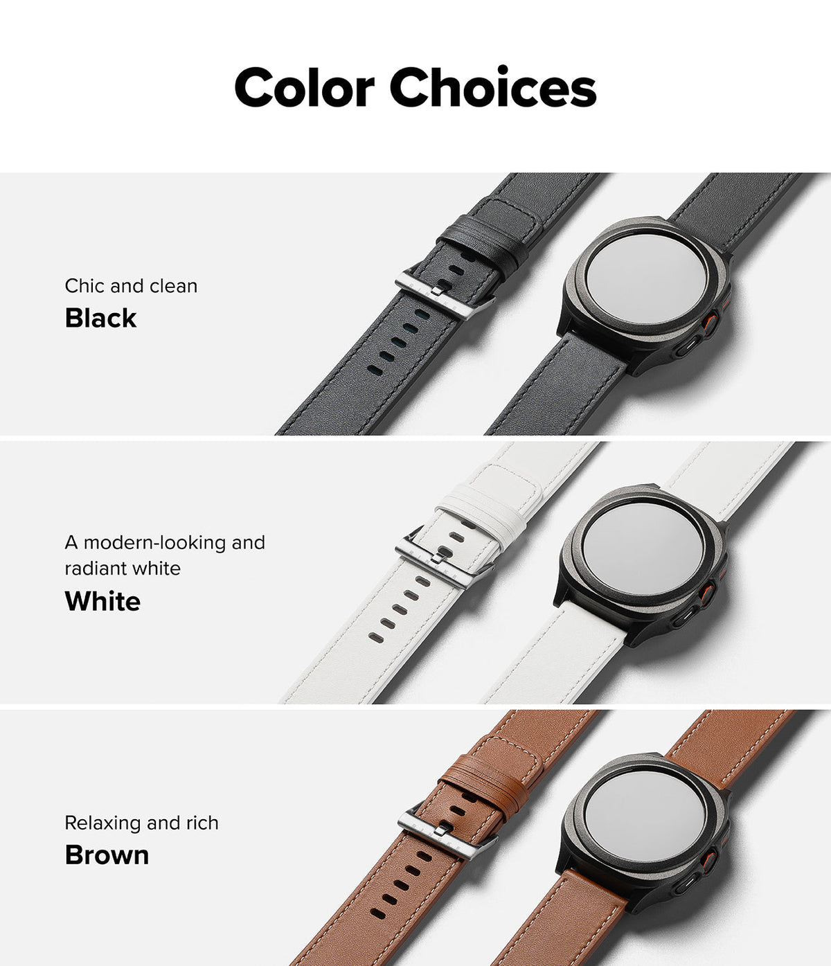 Watch Lug 24mm | Leather One Basic Bold - Three watch bands in black, white, and brown leather shown with watch faces.
