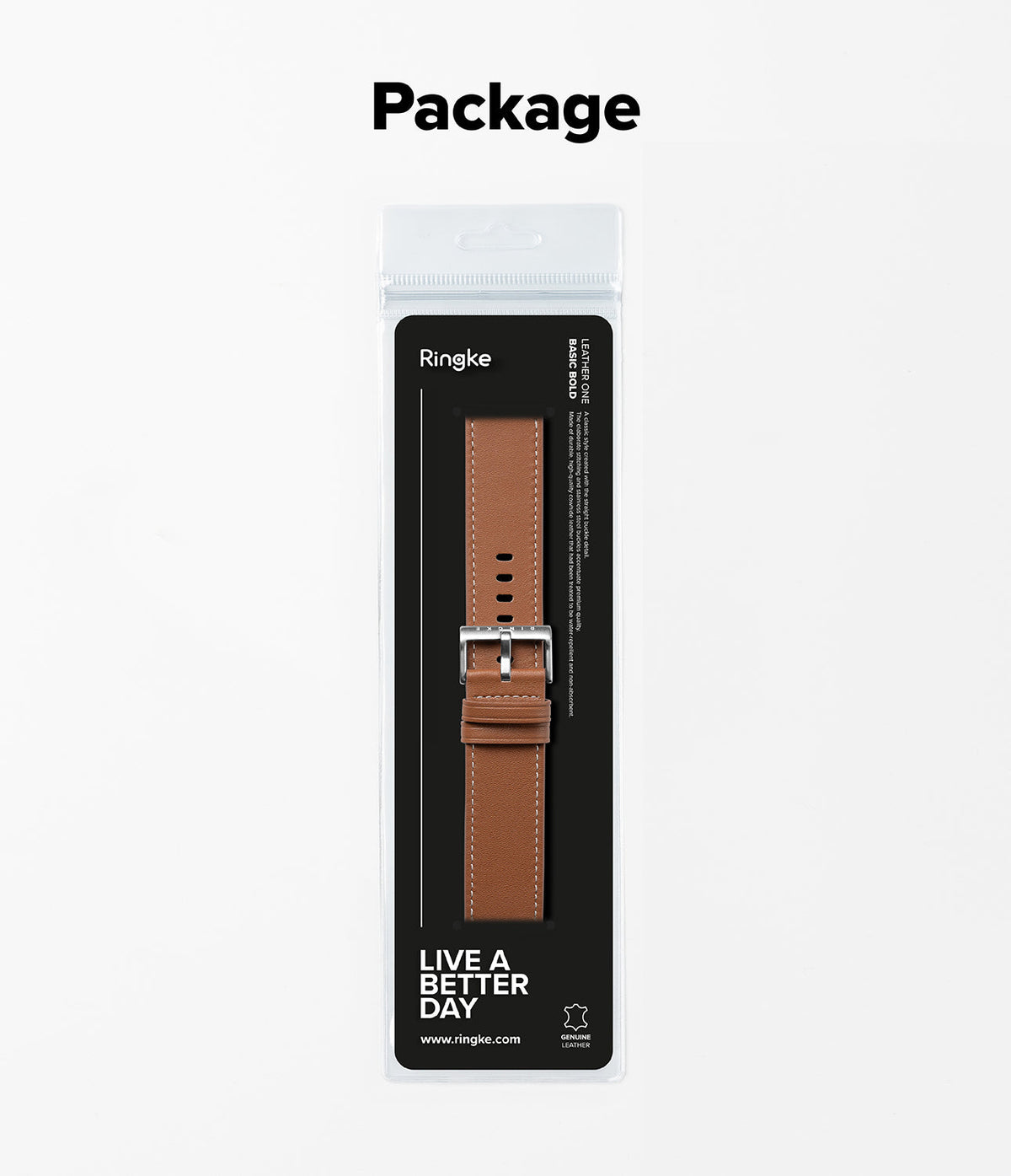 Watch Lug 24mm | Leather One Basic Bold - Brown leather watch strap in clear retail packaging with Ringke branding.