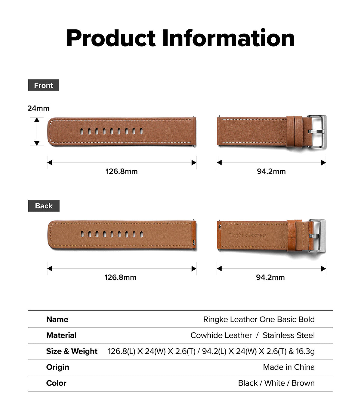 Watch Lug 24mm | Leather One Basic Bold - Technical diagram showing dimensions and specifications of a brown leather watch strap.