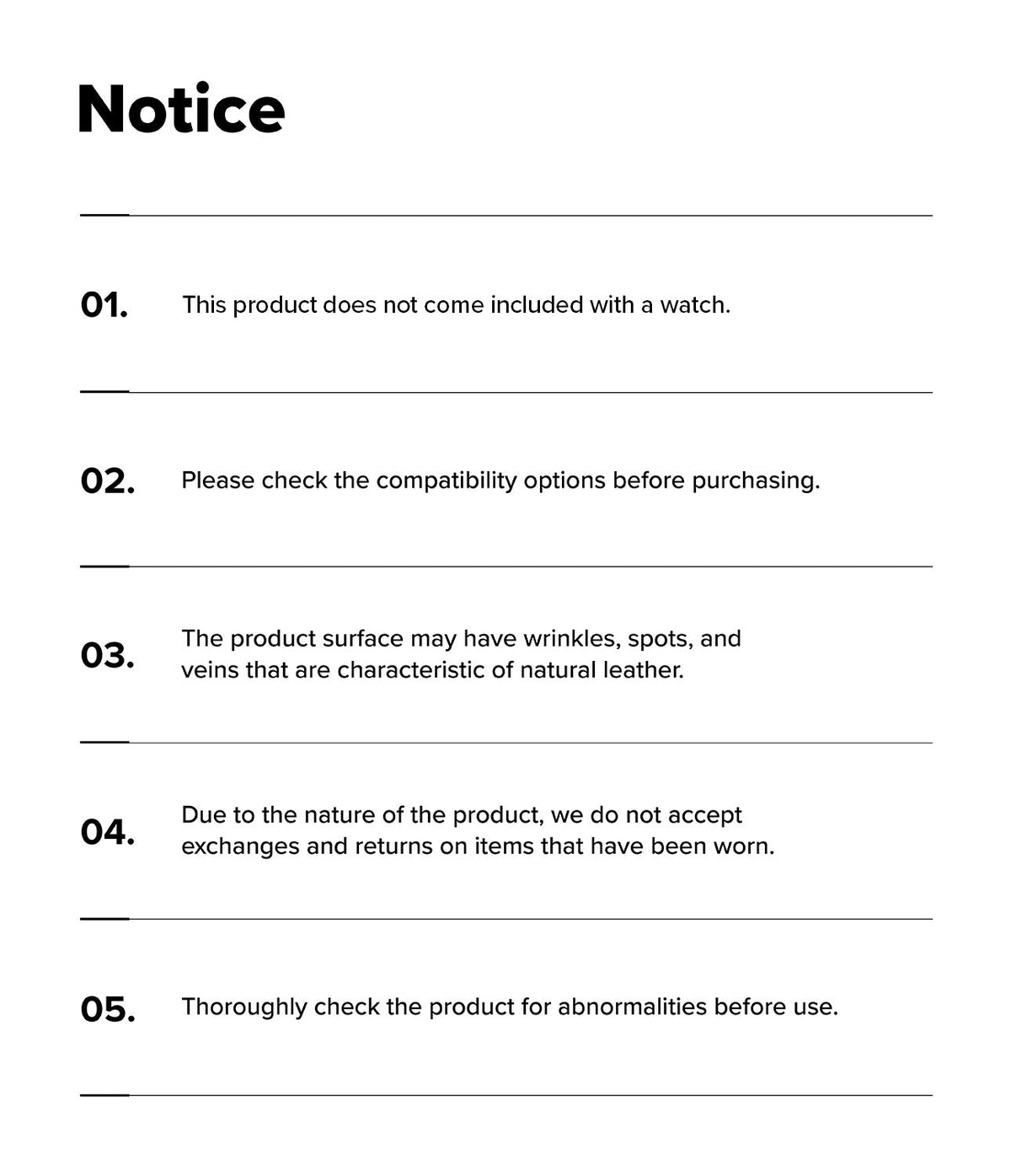 Watch Lug 24mm | Leather One Basic Bold - A numbered list of five product notices regarding leather watch strap usage.