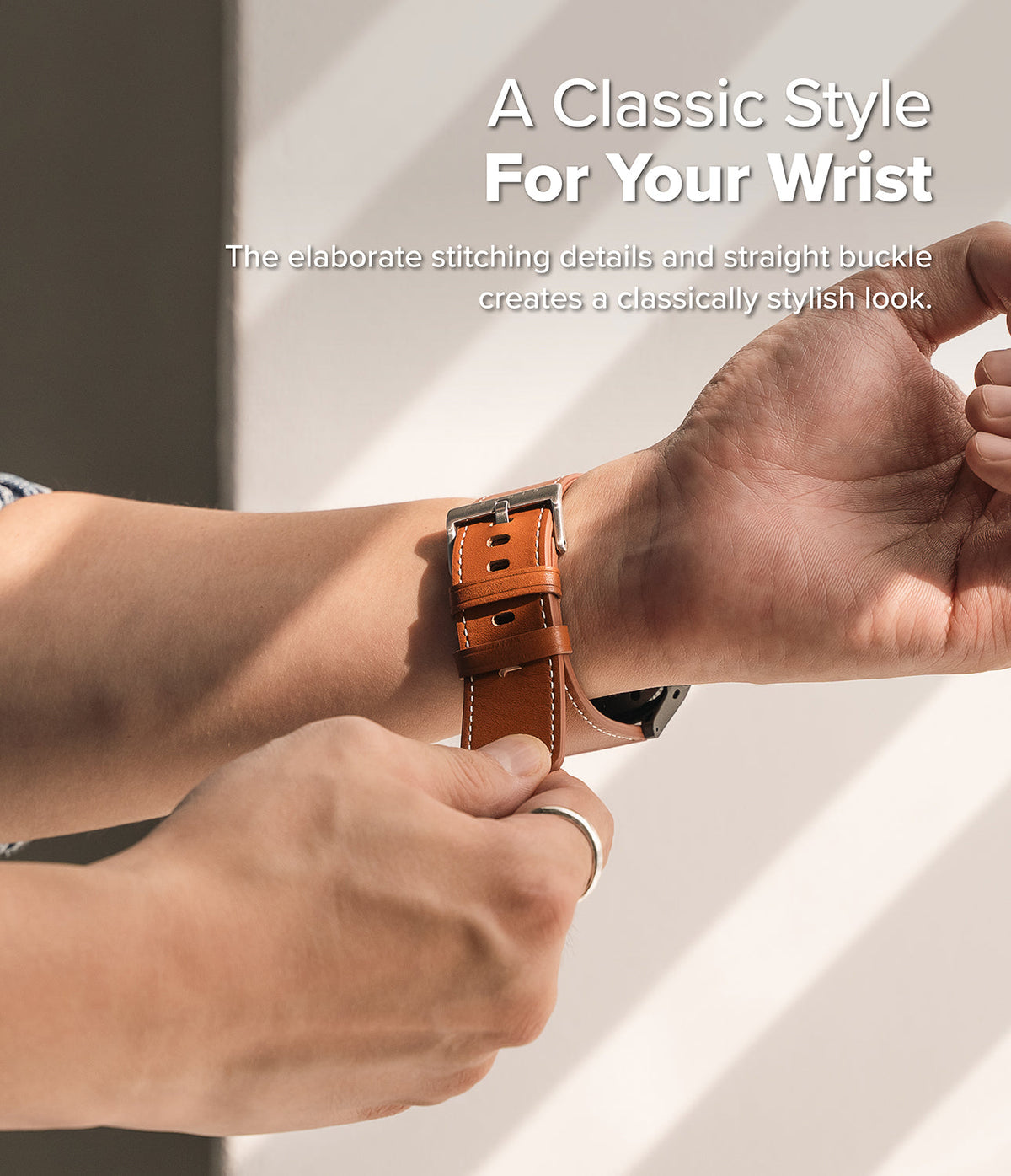 Watch Lug 24mm | Leather One Basic Bold - Close-up of a tan leather watch strap with white stitching on a wrist.