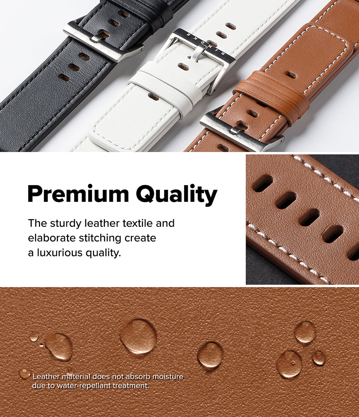Watch Lug 24mm | Leather One Basic Bold - Black, white, and brown leather watch straps with water-repellent texture.
