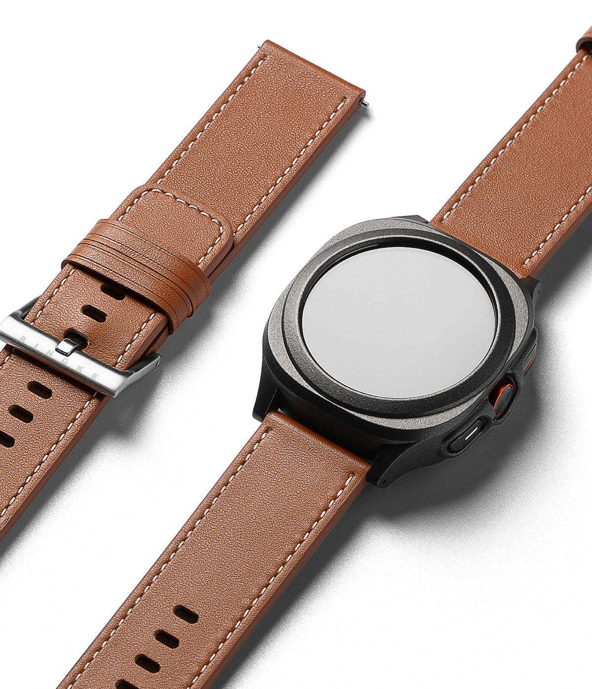 Watch Lug 24mm | Leather One Basic Bold - Black smartwatch with a brown leather strap featuring white stitching.