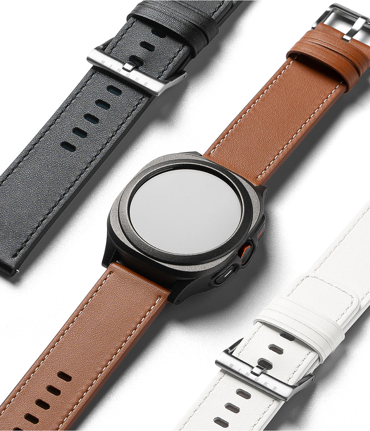 Watch Lug 24mm | Leather One Basic Bold - A black smartwatch with a brown leather strap flanked by black and white straps.