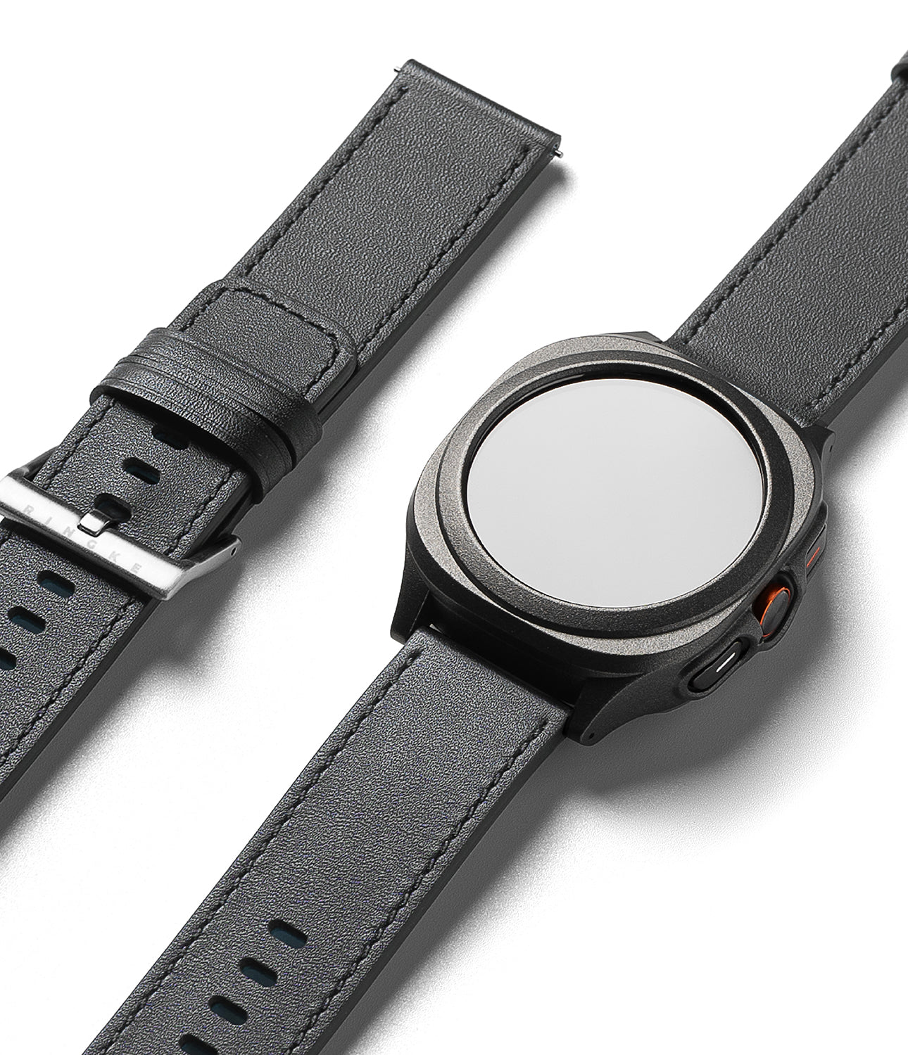 Watch Lug 24mm | Leather One Basic Bold - Black leather watch strap attached to a dark smartwatch with a round face.
