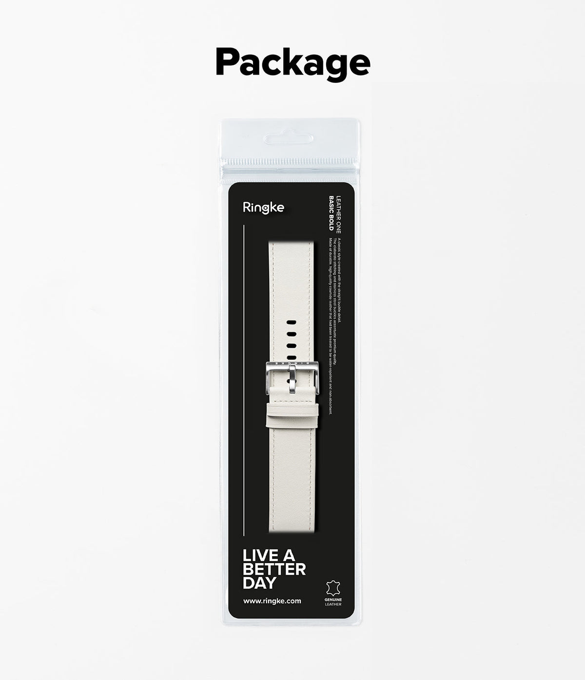 Watch Lug 24mm | Leather One Basic Bold - White leather watch strap in clear retail packaging with black branding.