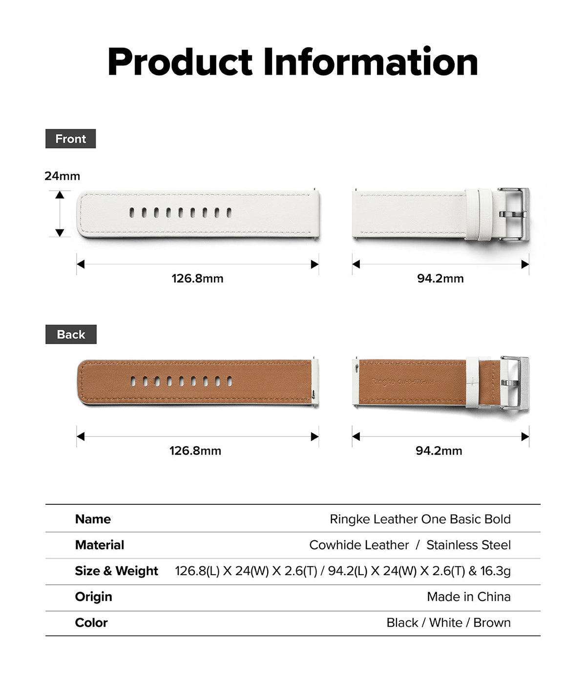 Watch Lug 24mm | Leather One Basic Bold - Technical diagram showing dimensions of a white leather watch strap.