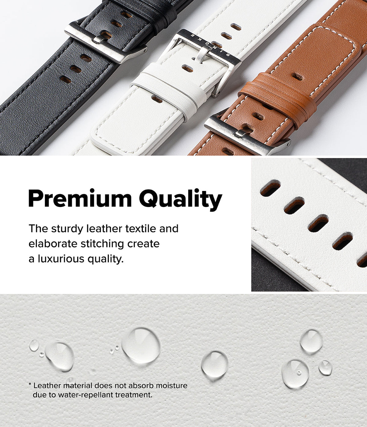 Watch Lug 24mm | Leather One Basic Bold - Three leather watch straps in black, white, and brown with water-repellent texture.