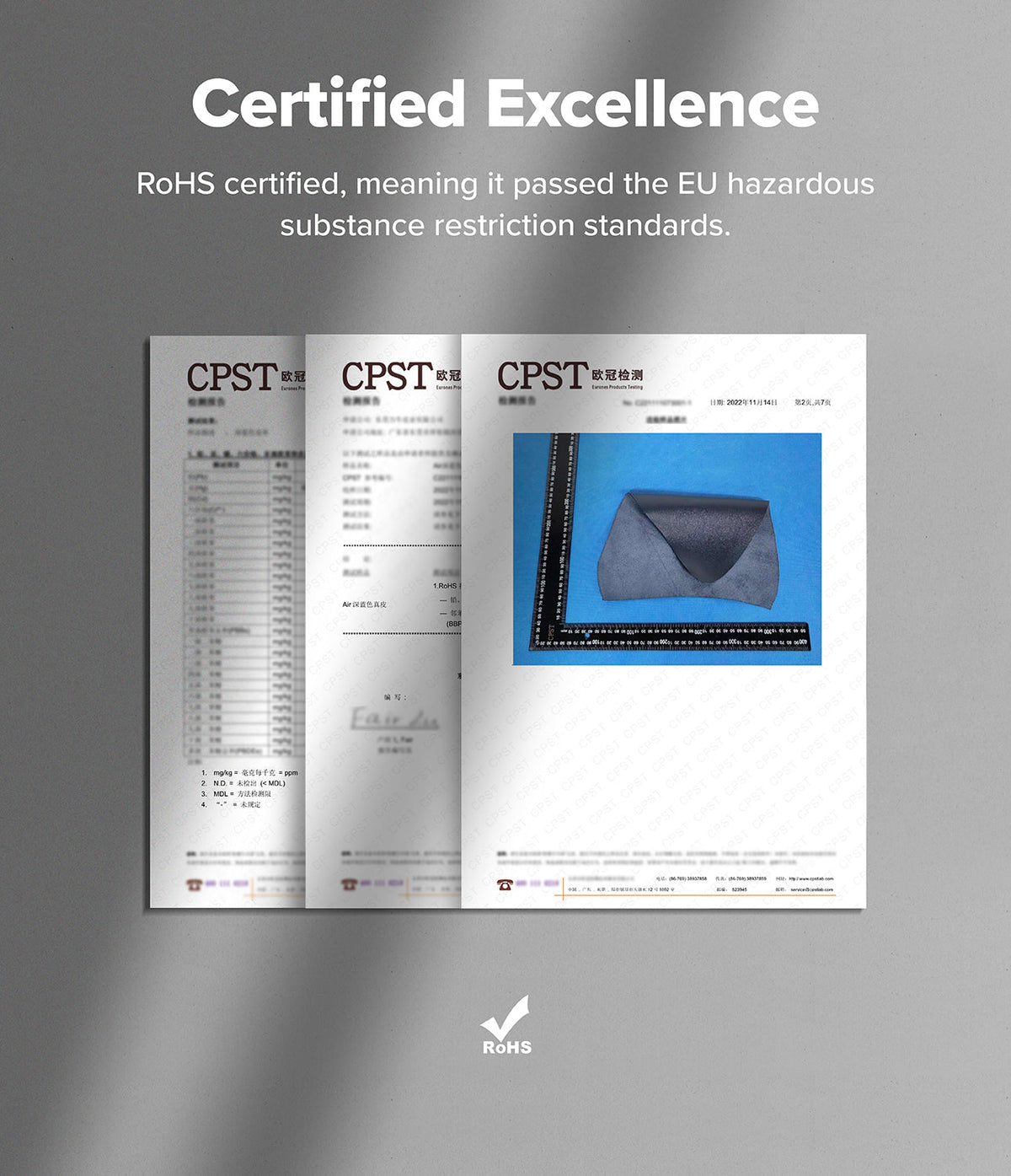 Watch Lug 24mm | Leather One Basic Bold - RoHS certification document showing a leather sample with a measuring ruler.