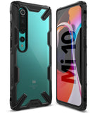 Mi 10 / 10 Pro Case | Fusion-X - A teal Mi 10 phone in a rugged black Fusion-X case, showing both front and back views.