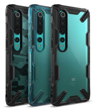 Mi 10 / 10 Pro Case | Fusion-X - Three Mi 10 phones in rugged black Fusion-X cases with camo, blue, and clear back designs.