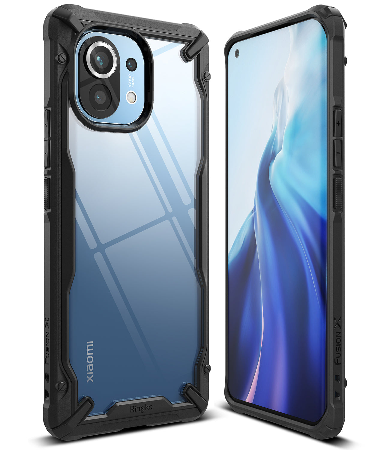 Mi 11 Case | Fusion-X - Black rugged protective case with clear back panel shown from front and back angles on a smartphone.