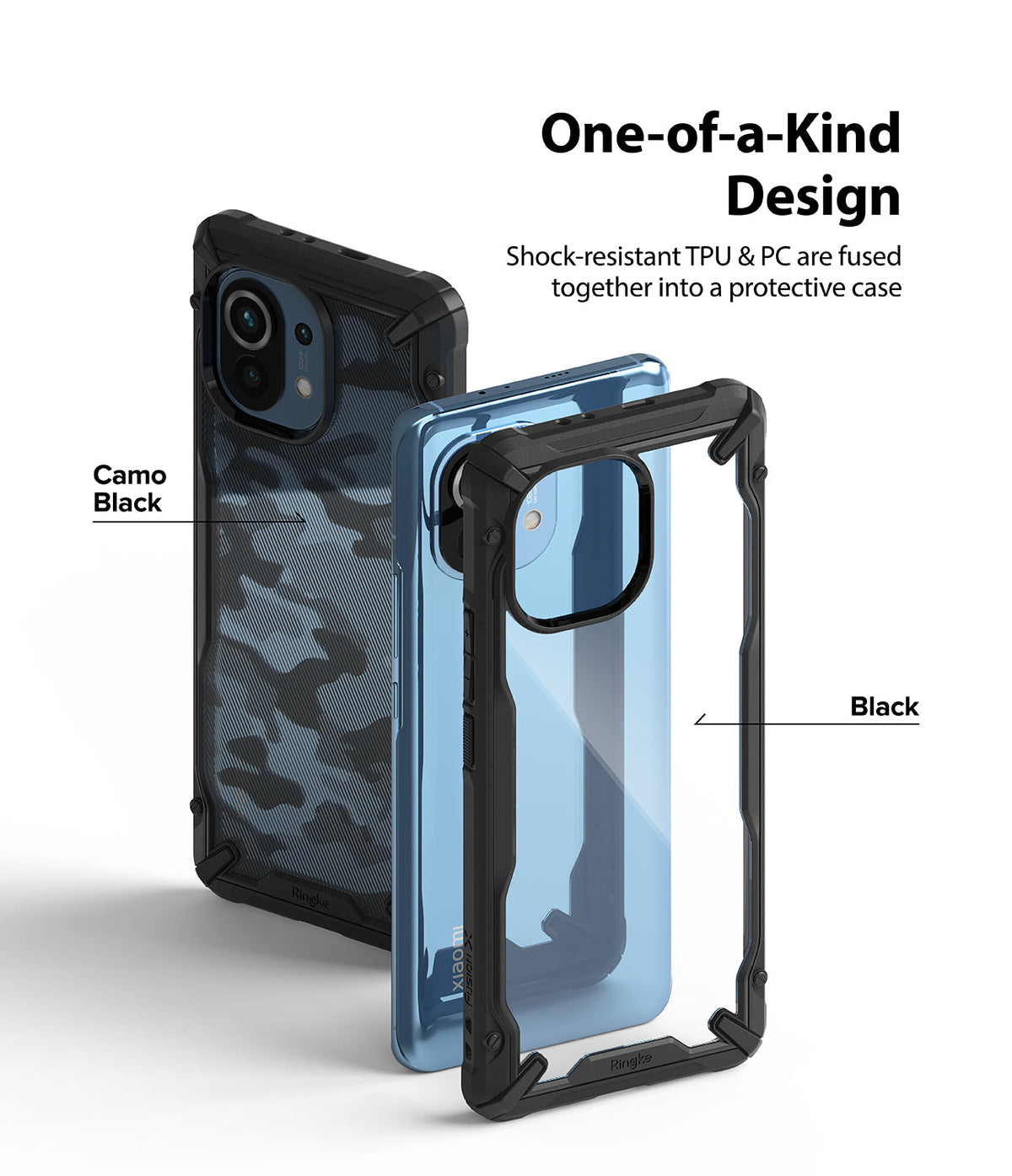 Mi 11 Case | Fusion-X - Two Mi 11 phones in Camo Black and clear black Fusion-X cases with shock-resistant TPU and PC design.