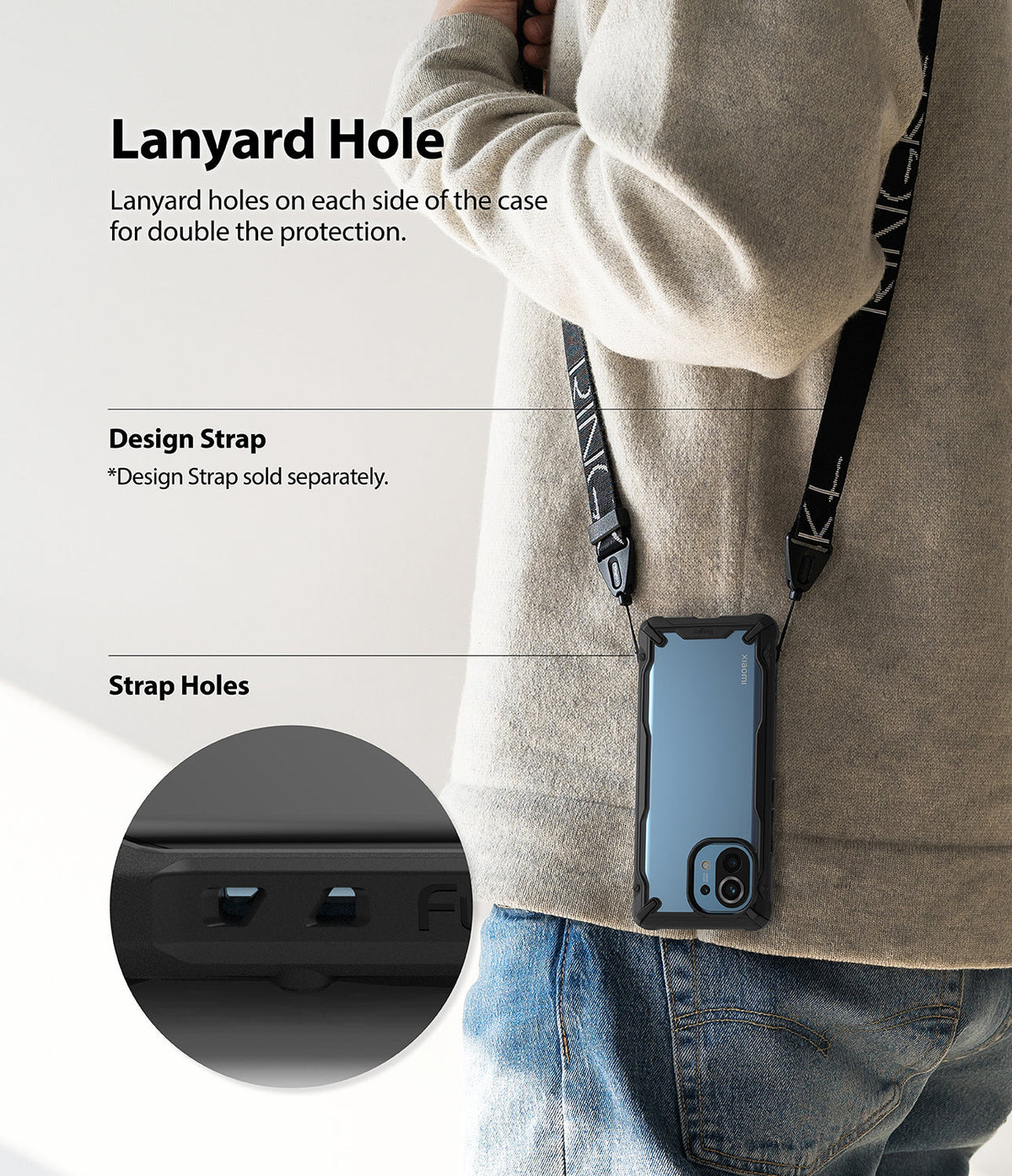 Mi 11 Case | Fusion-X - A phone in a black protective case hanging from a branded neck strap with a close-up of lanyard holes.