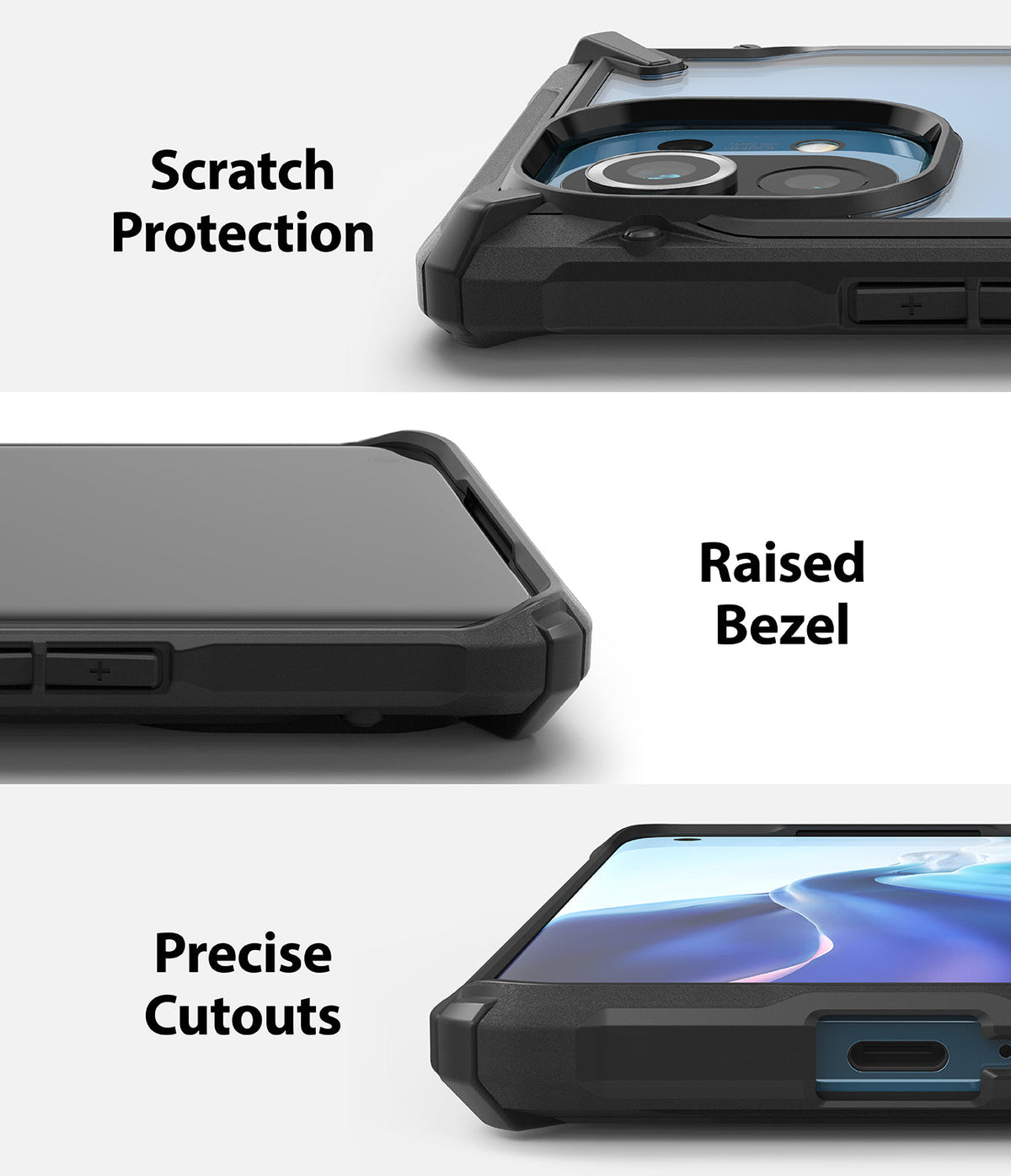 Mi 11 Case | Fusion-X - Close-ups showing camera protection, raised screen bezels, and precise port cutouts on a black case.